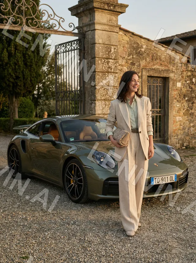 Женщина в бежевом костюме с клатчем у капота оливкового Porsche перед каменными воротами