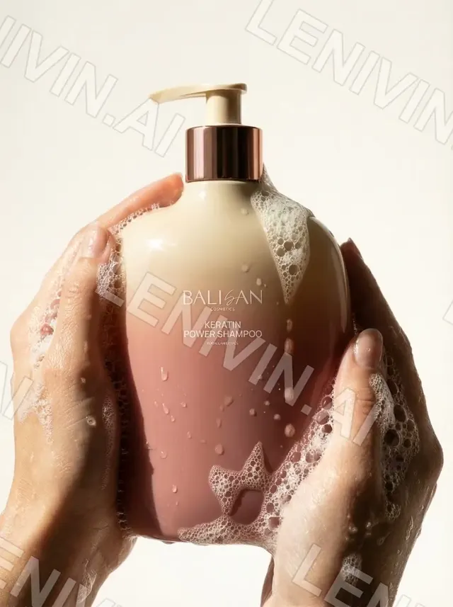 Ролик: руки в пене держат флакон шампуня Balisan Keratin Power с дозатором, светлый фон