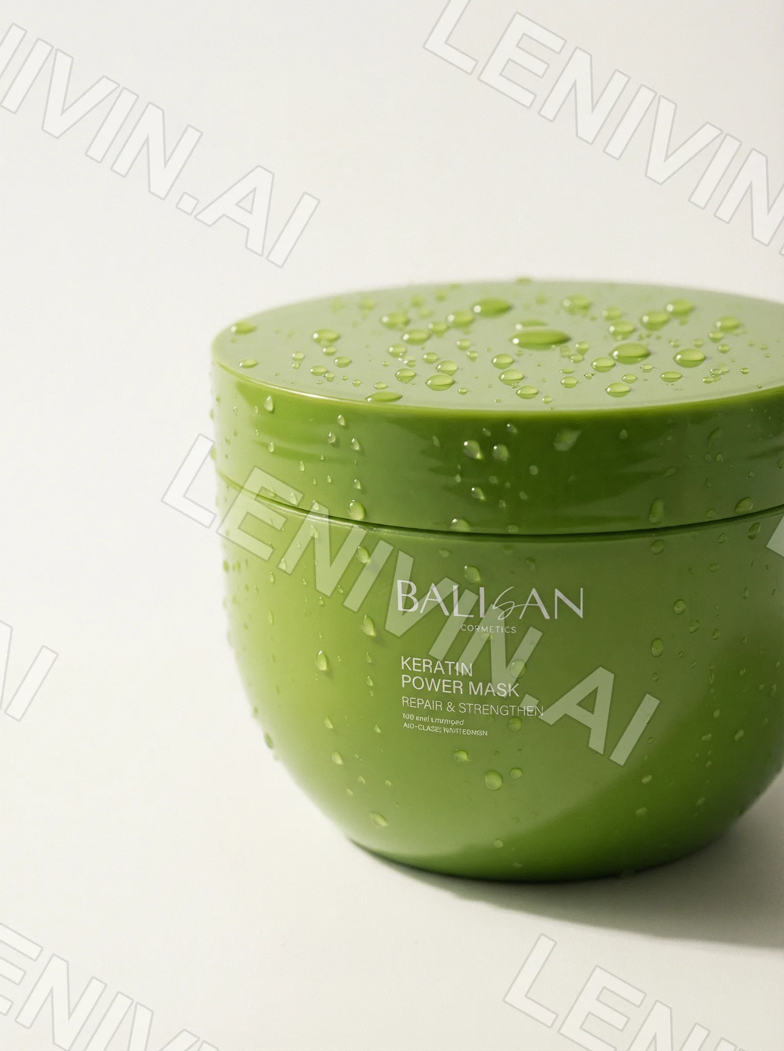 Зелёная банка BALISAN Keratin Power Mask в каплях воды на белом фоне