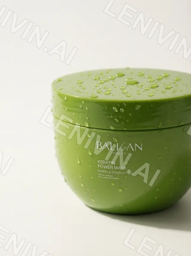 Зелёная банка BALISAN Keratin Power Mask в каплях воды на белом фоне