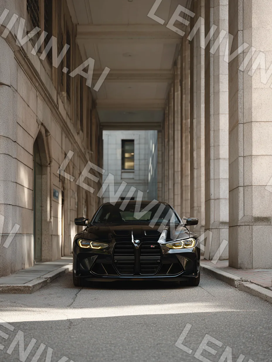 Чёрный BMW M фронтом в проёме каменной галереи с колоннами