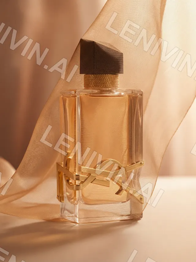 Флакон духов с золотым логотипом YSL на светлой поверхности среди персиковой полупрозрачной ткани
