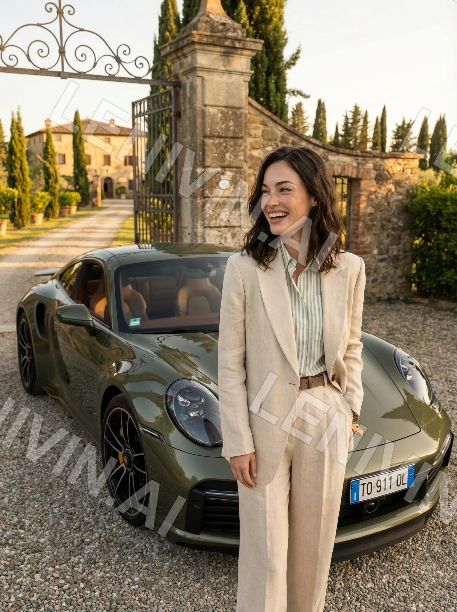 Смеющаяся женщина в светлом костюме стоит у Porsche перед каменными воротами виллы