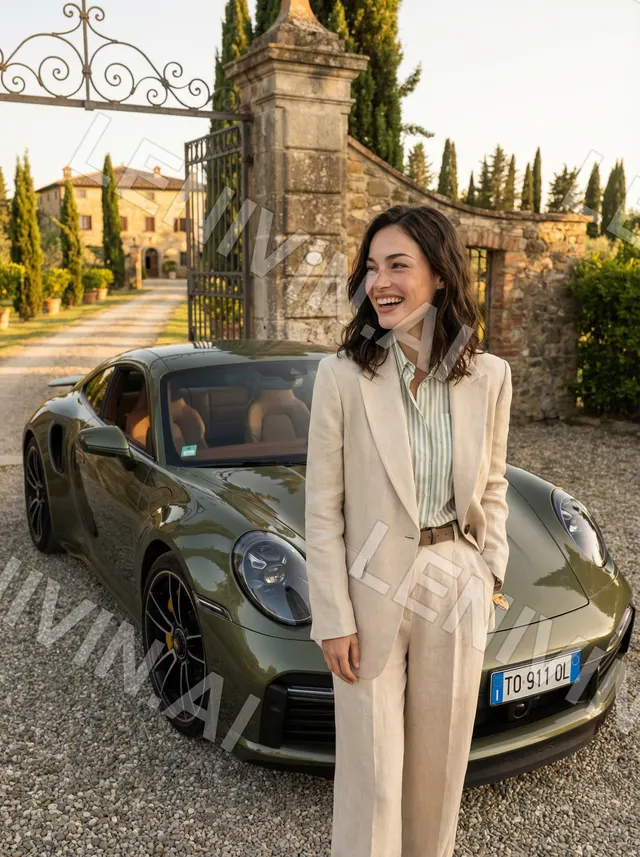 Смеющаяся женщина в светлом костюме стоит у Porsche перед каменными воротами виллы