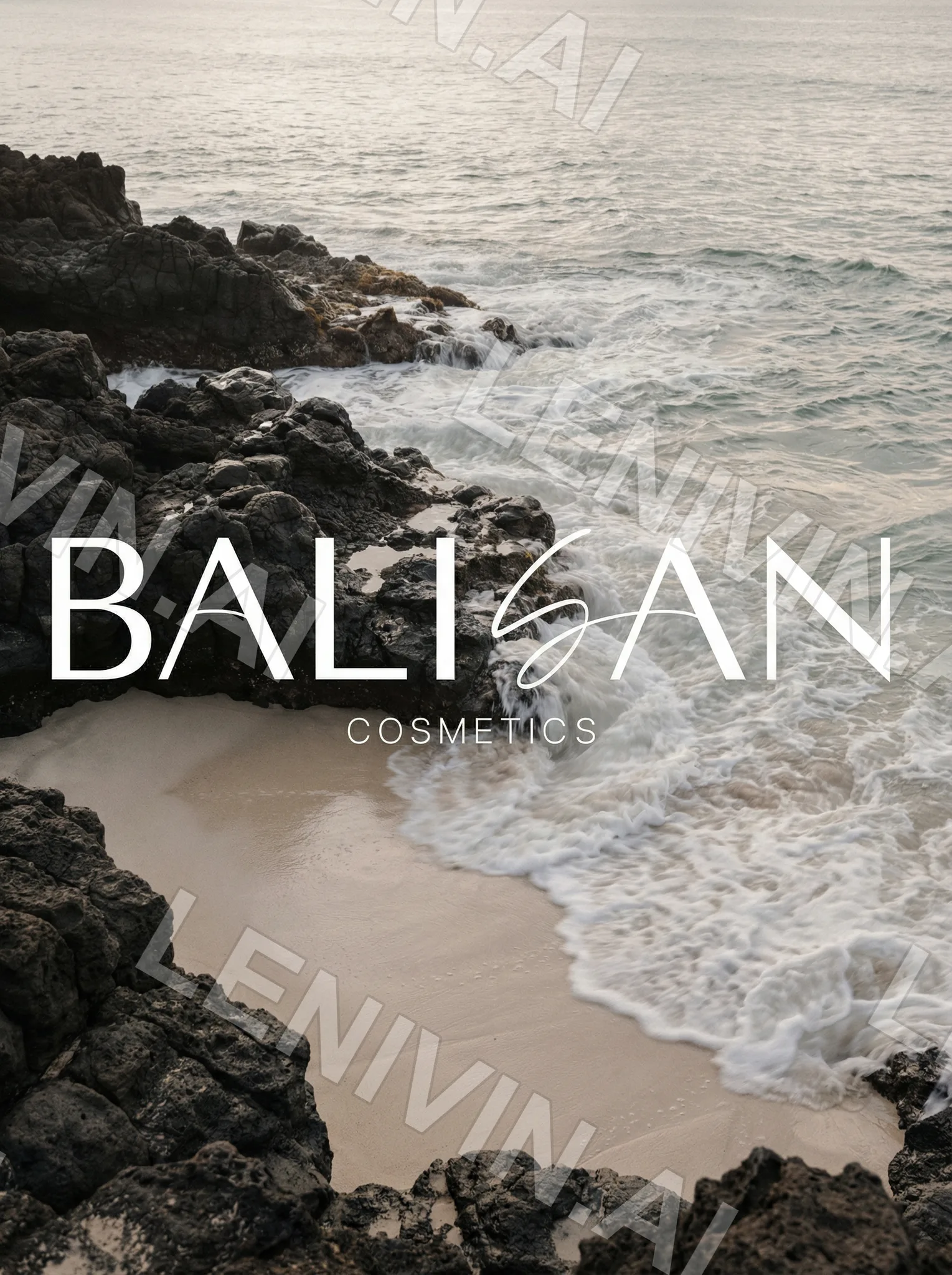 Белая надпись BALISAN Cosmetics на кадре с волнами и чёрными скалами