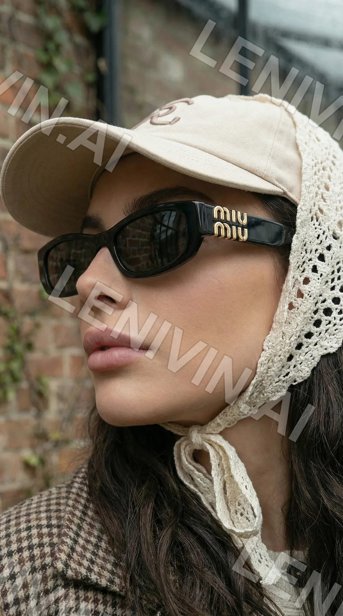Девушка в бежевой кепке, кружевной косынке и чёрных очках miu miu, профиль, твидовый воротник