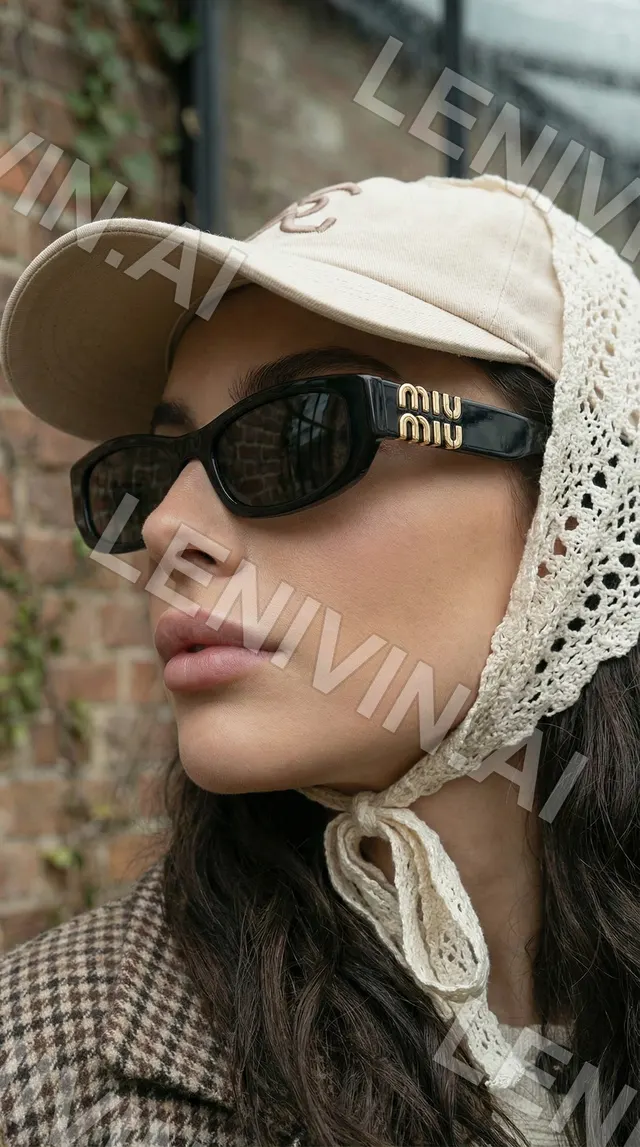 Девушка в бежевой кепке, кружевной косынке и чёрных очках miu miu, профиль, твидовый воротник