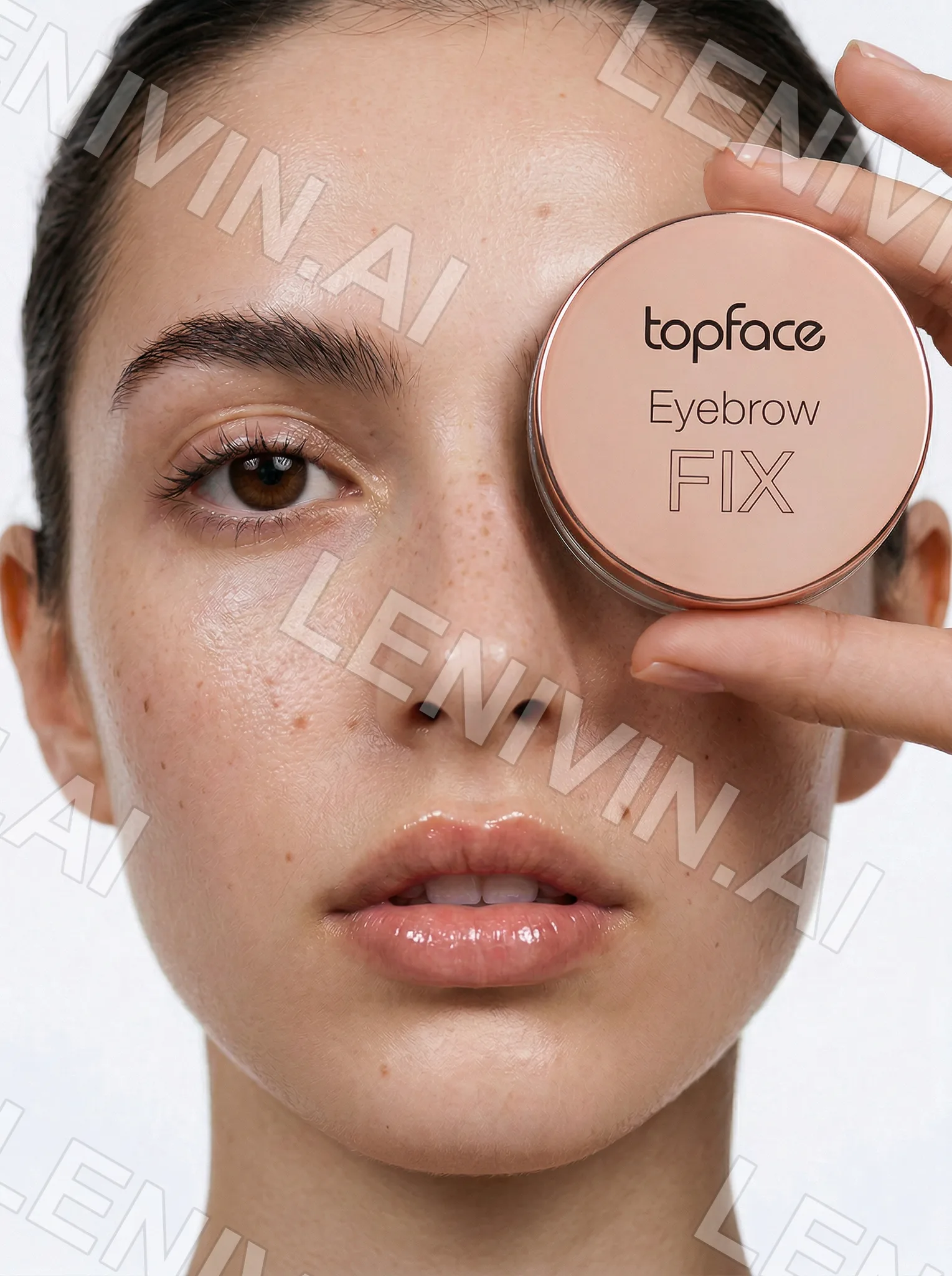 Девушка с веснушками закрывает глаз баночкой topface Eyebrow Fix, крупный портрет