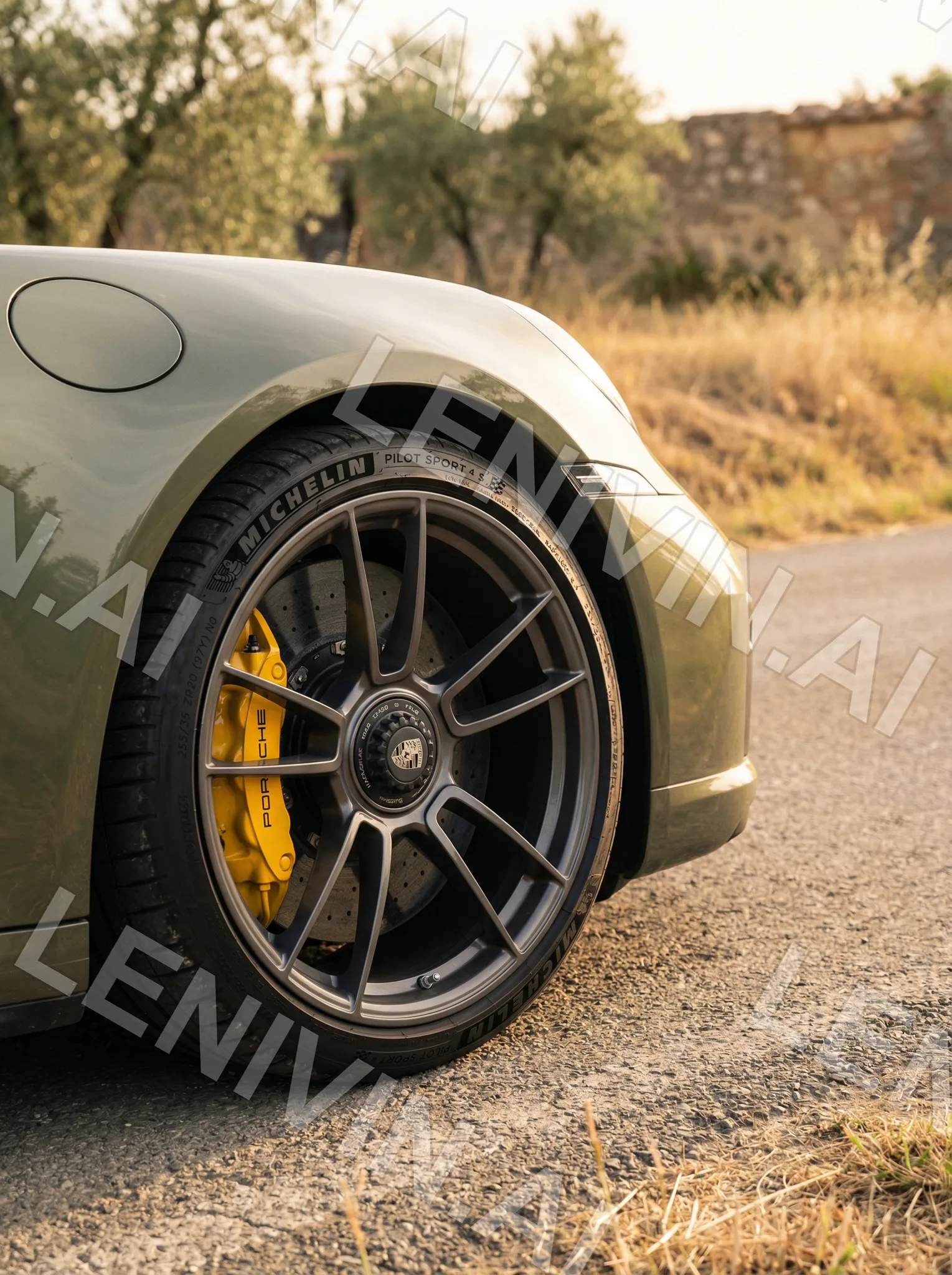 Переднее колесо оливкового Porsche Michelin с жёлтым суппортом на сельской дороге