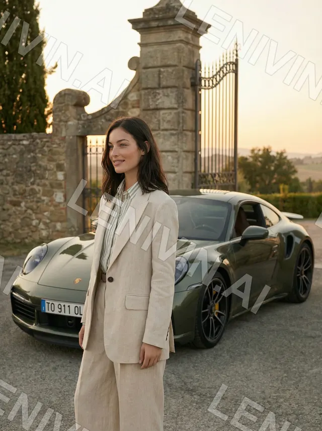 Брюнетка в бежевом пиджаке стоит у зелёного Porsche перед каменными воротами
