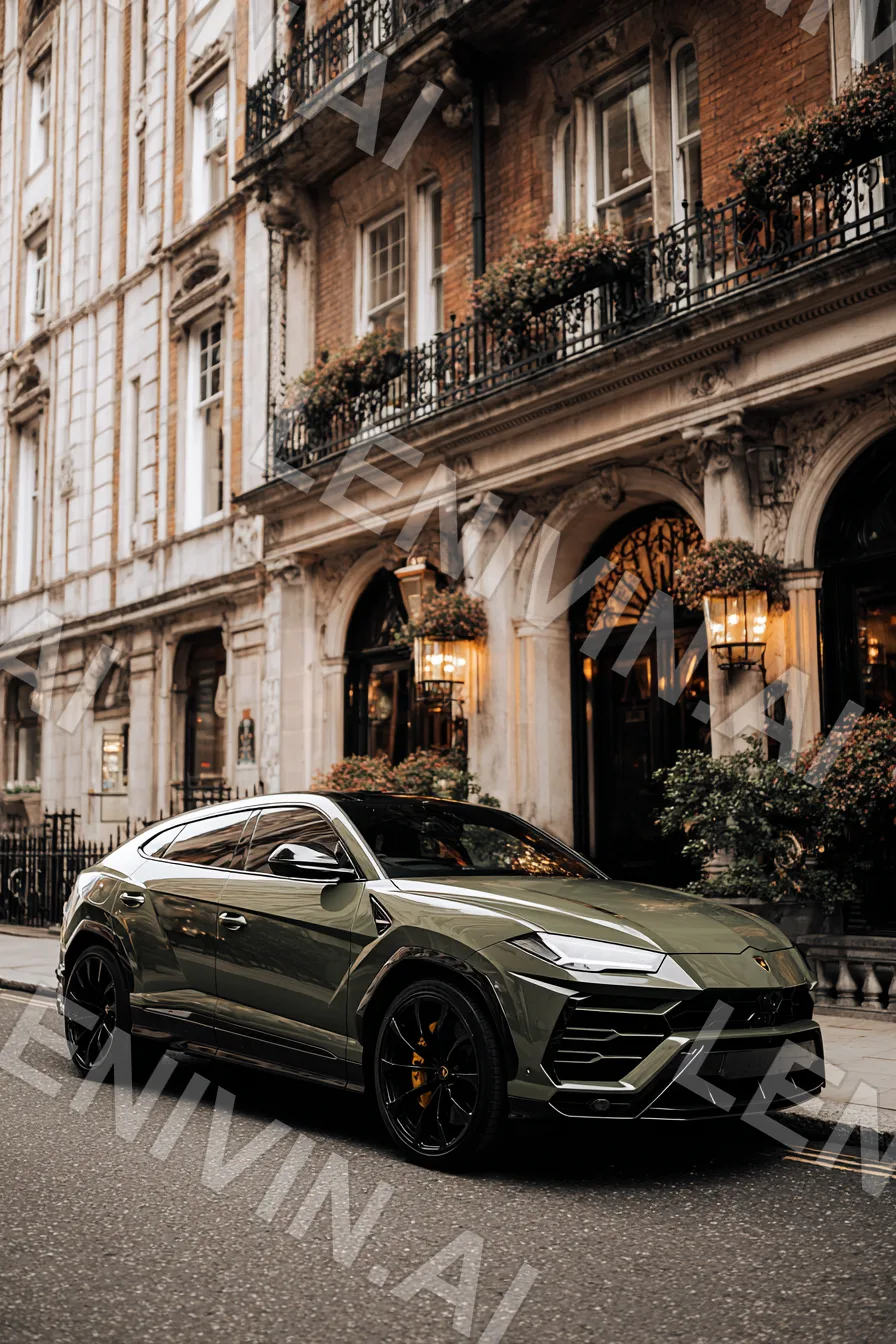 Тот же внедорожник Urus у здания с балконами и цветами, ракурс чуть ближе