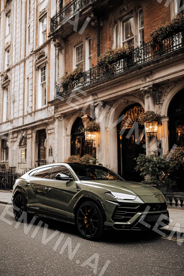 Тот же внедорожник Urus у здания с балконами и цветами, ракурс чуть ближе