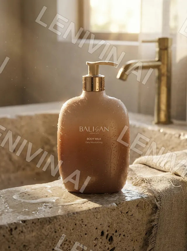 Флакон Body Milk Balisan на каменном выступе у латунного крана, ткань рядом