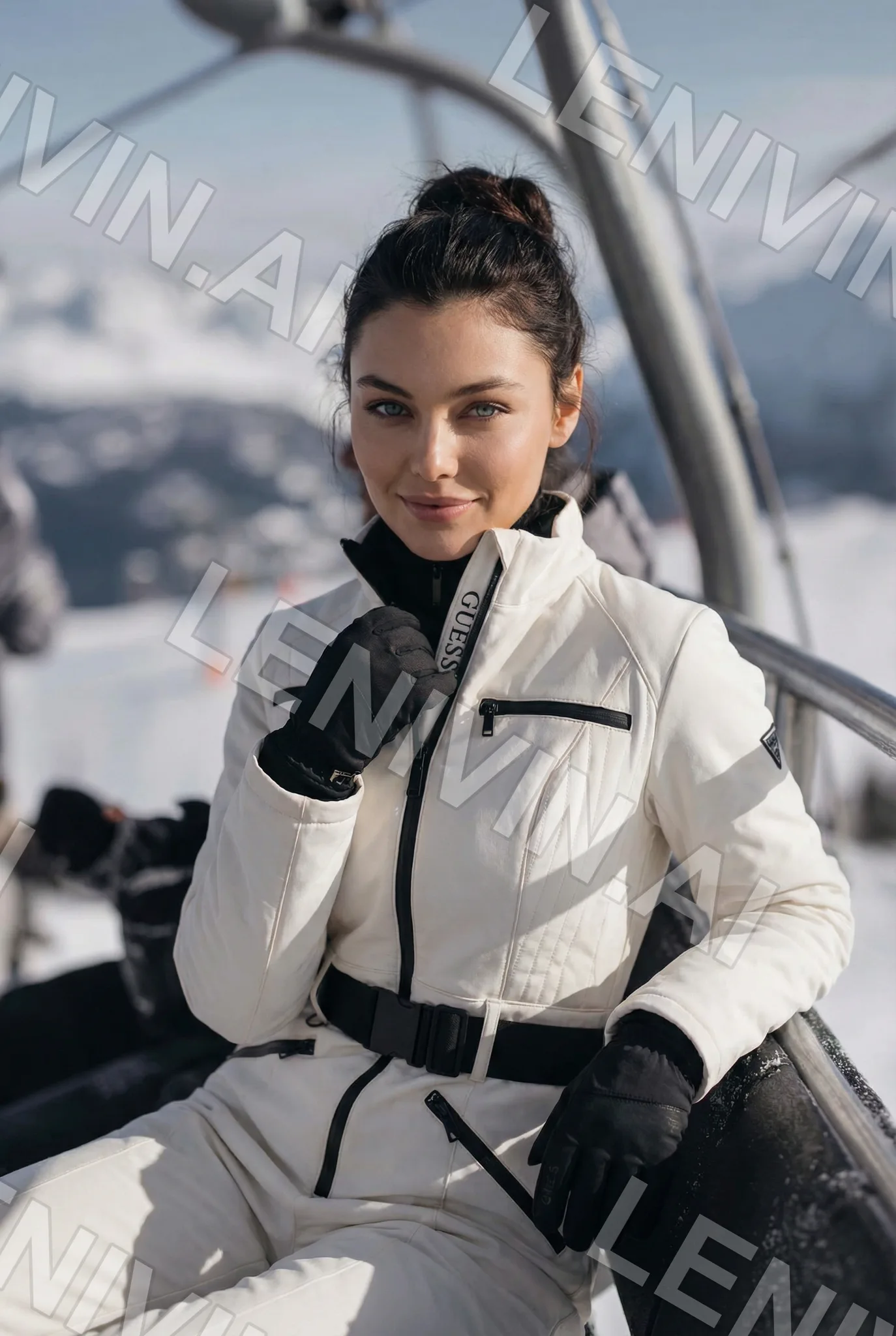 Брюнетка в белом лыжном костюме Guess и чёрных перчатках сидит на кресле подъёмника, горы в облаках