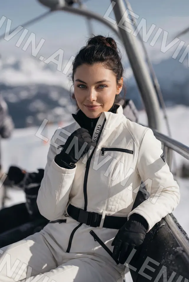 Брюнетка в белом лыжном костюме Guess и чёрных перчатках сидит на кресле подъёмника, горы в облаках