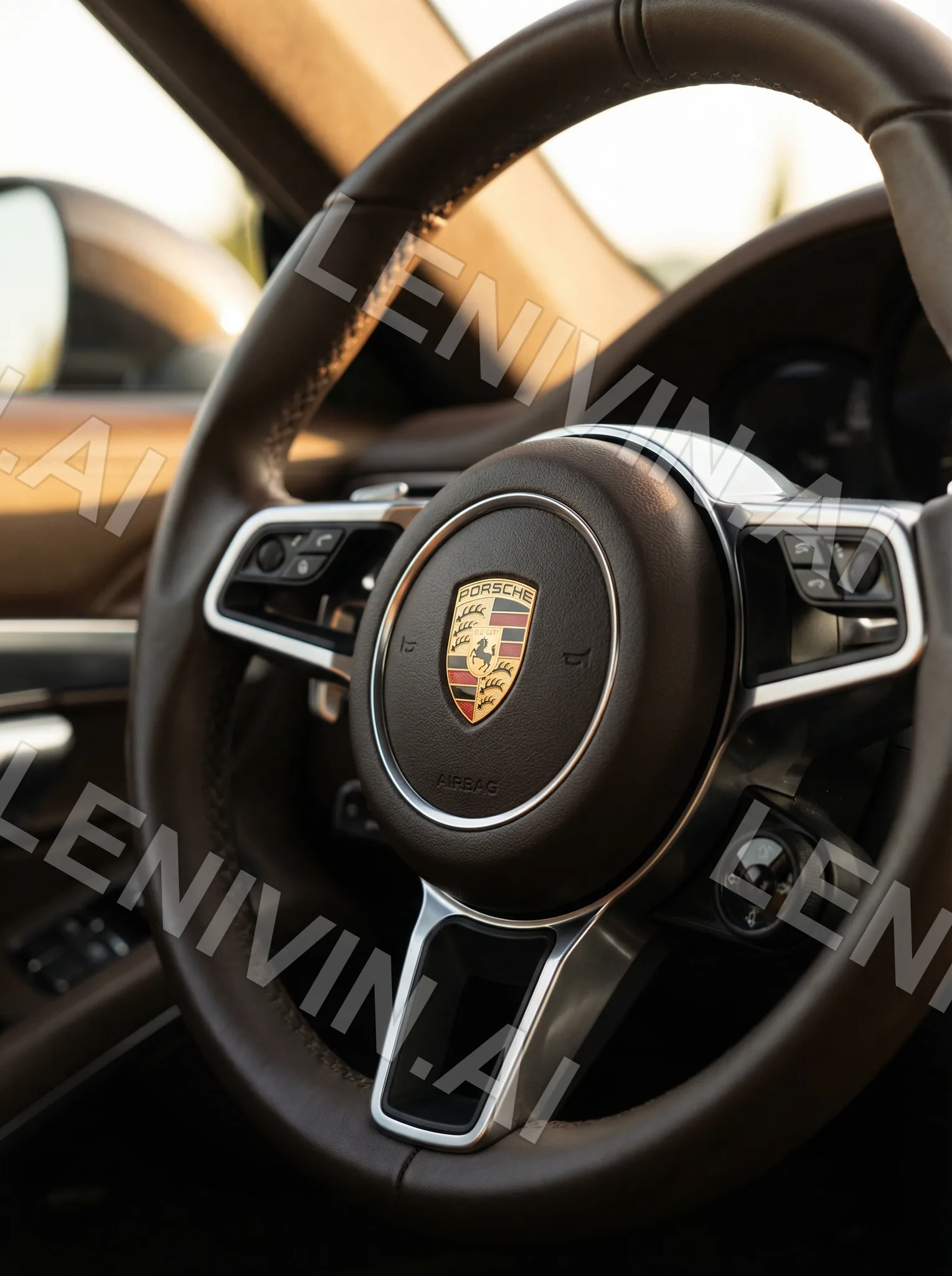 Руль Porsche с эмблемой в коричневом кожаном салоне, мягкий свет
