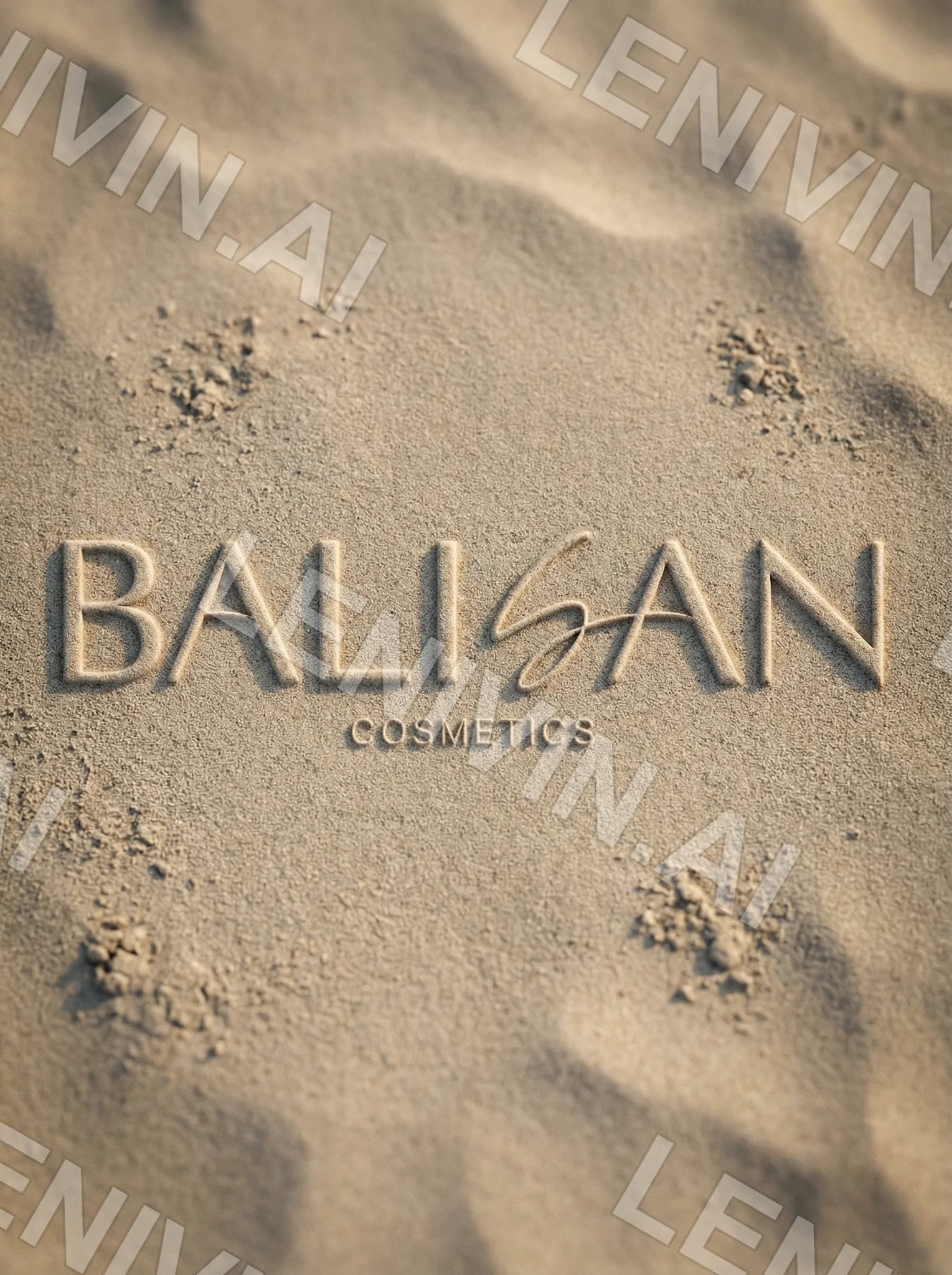Логотип BALISAN Cosmetics, выведенный на песке с отпечатками лап