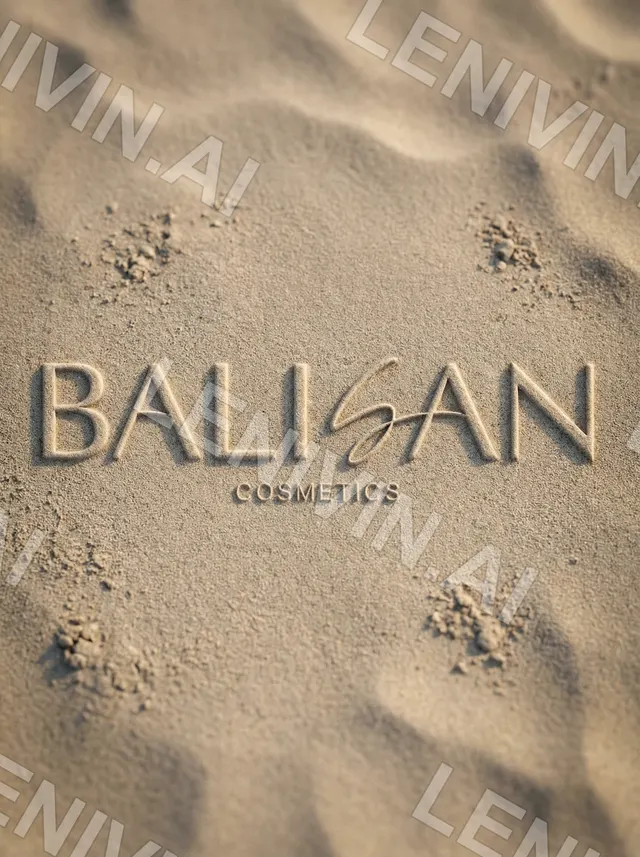 Логотип BALISAN Cosmetics, выведенный на песке с отпечатками лап