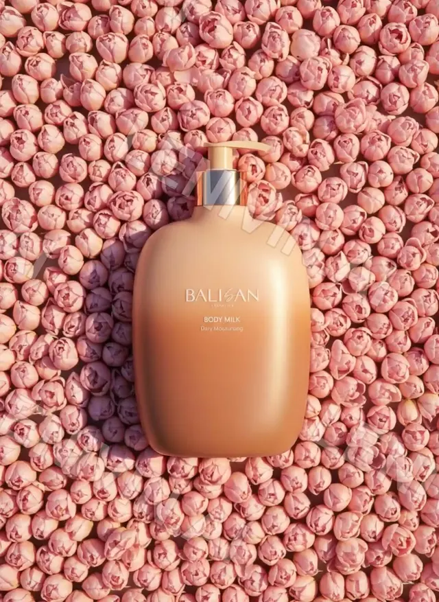 Ролик: флакон Balisan Body Milk на розовых бутонах, дозатор с серебристым кольцом