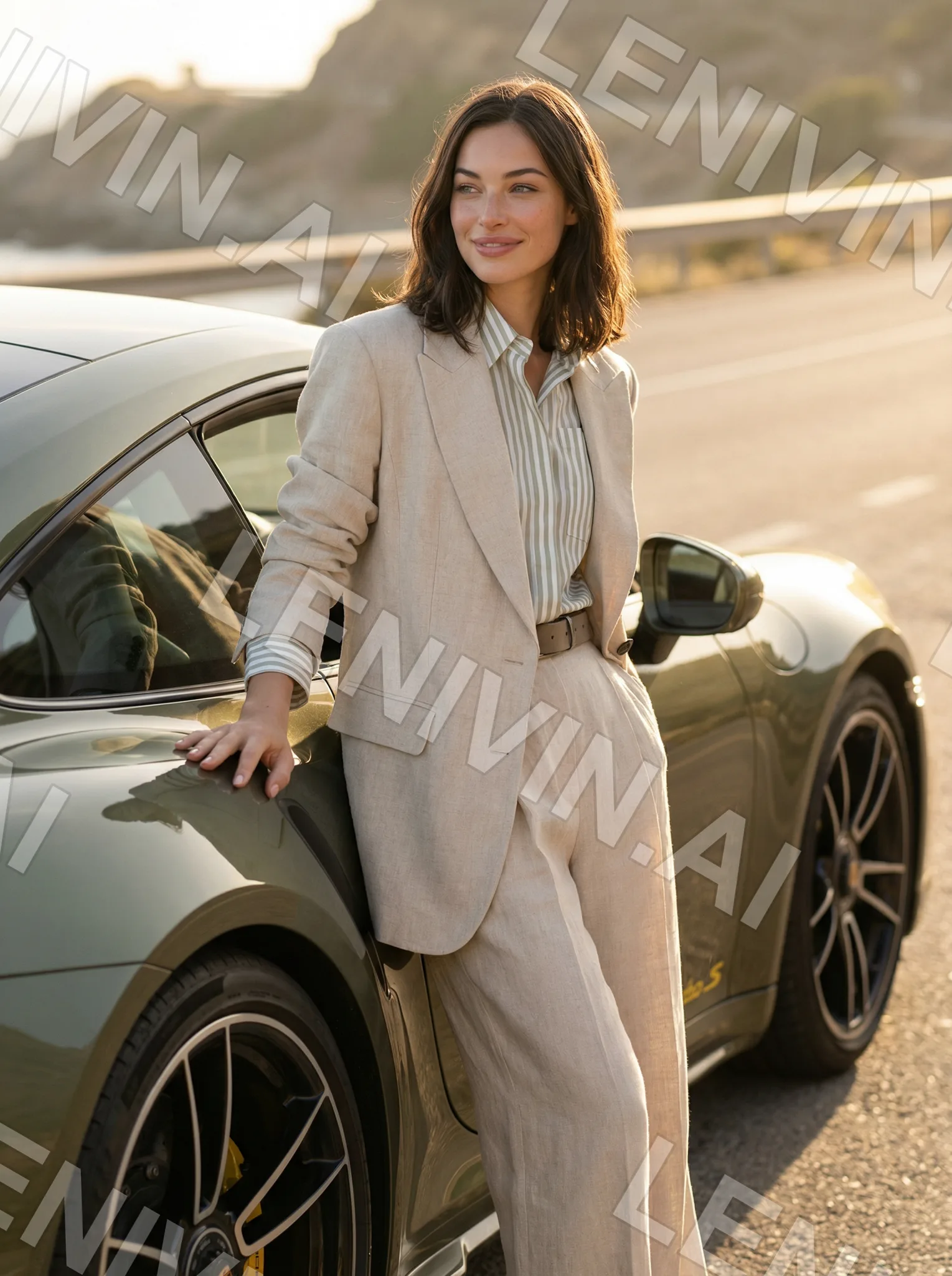 Брюнетка в светлом льняном костюме опирается на крыло оливкового Porsche, дорога у моря