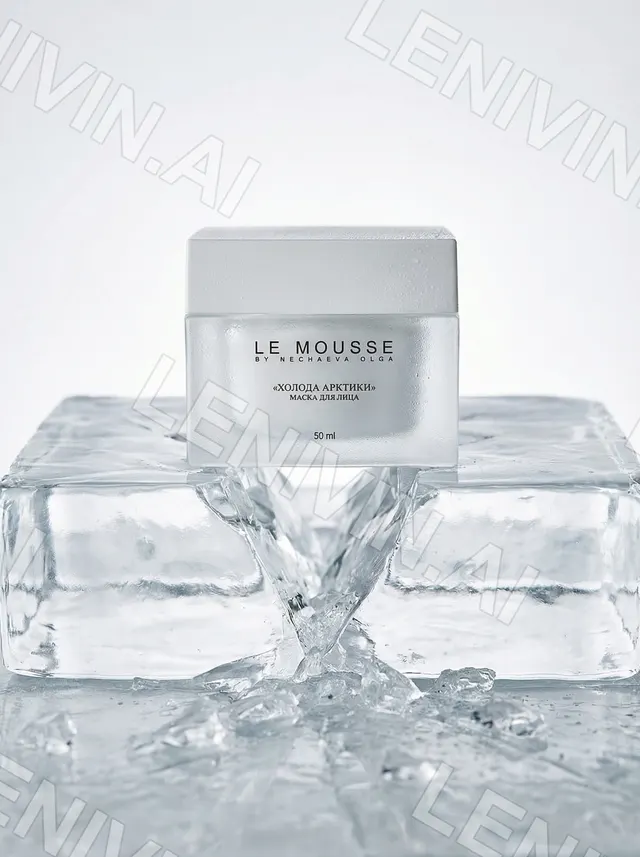 Баночка Le Mousse на двух ледяных блоках, лёд срастается по центру, светлый фон