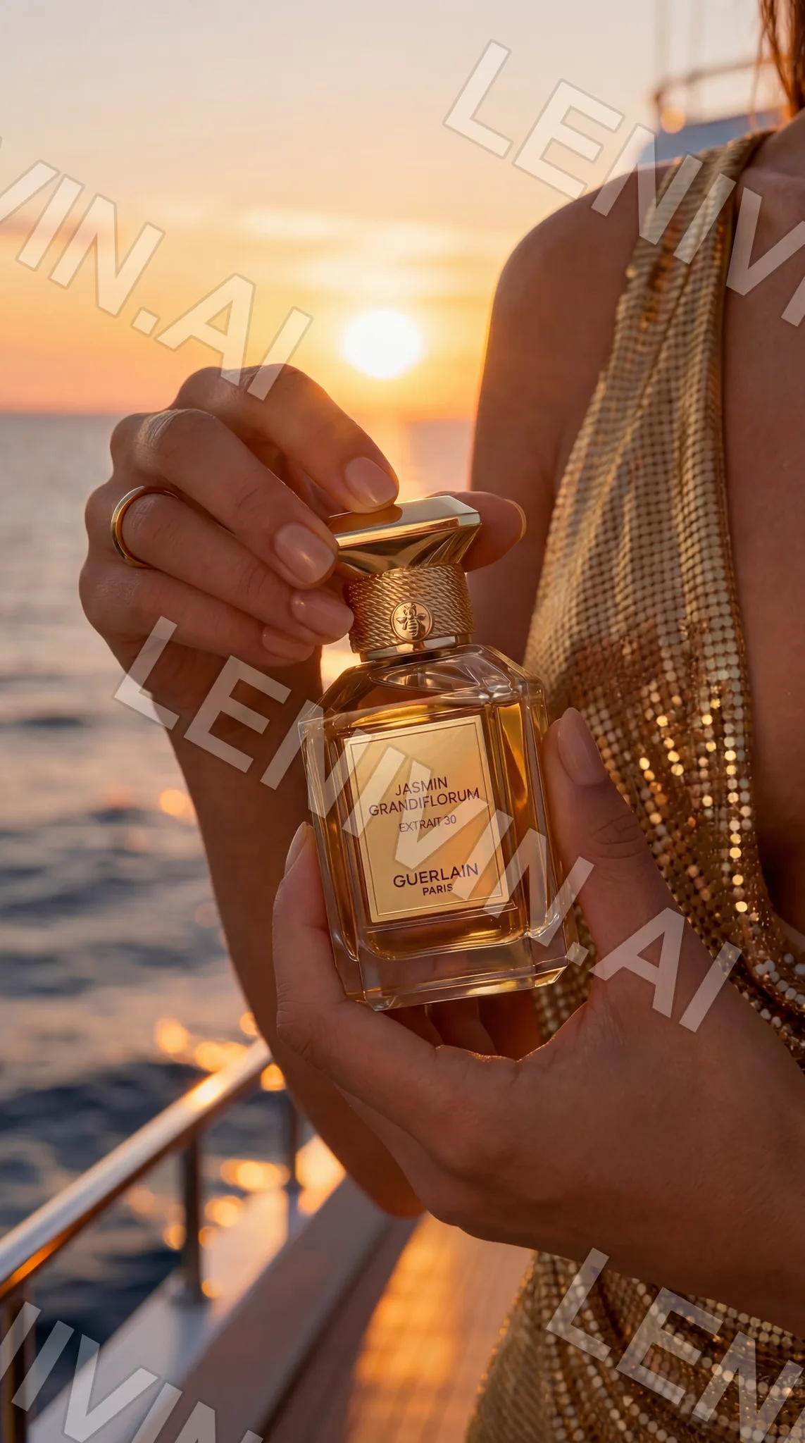 Рука держит флакон духов Guerlain на фоне заката над морем, золотая кольчужная ткань