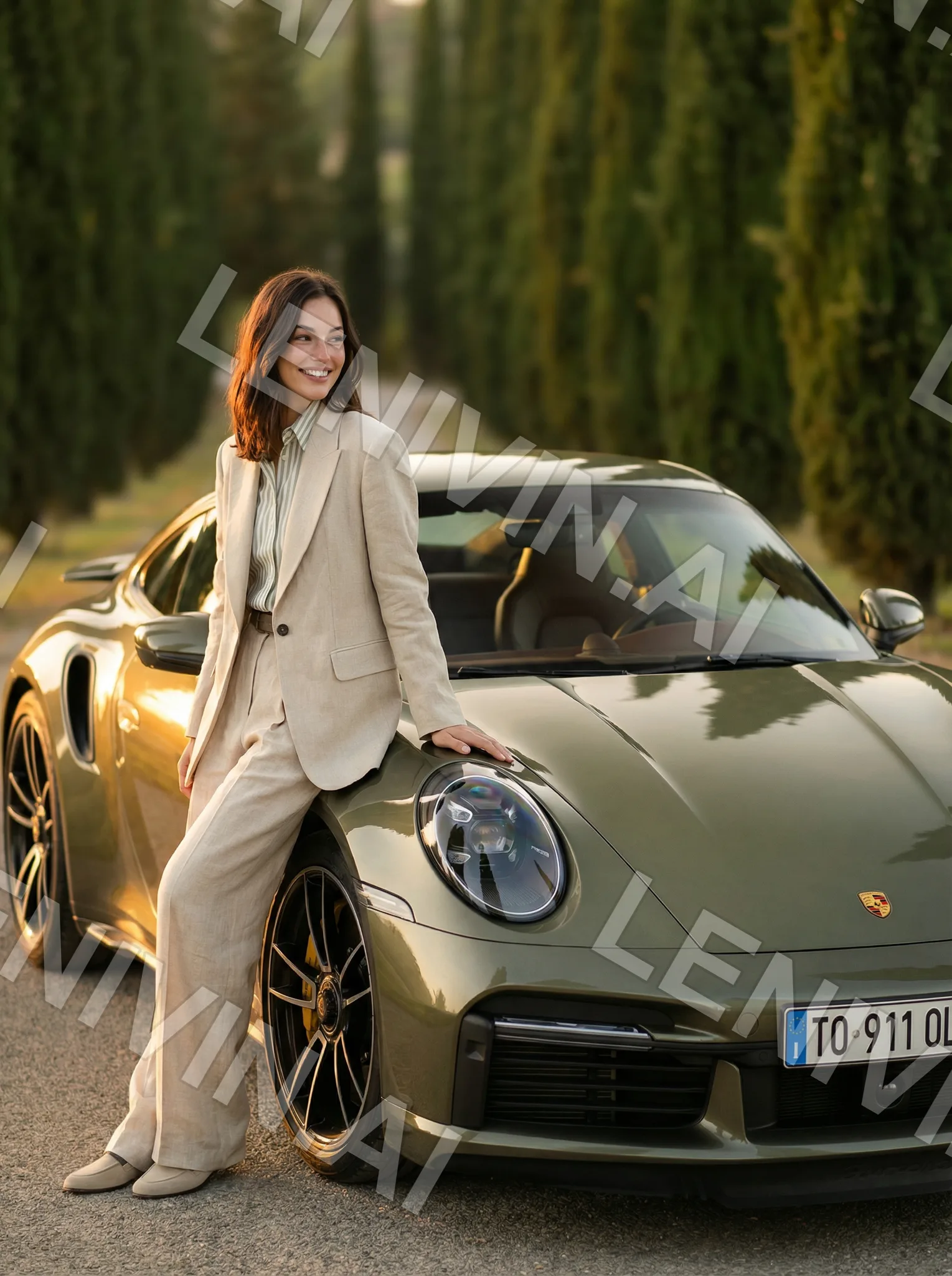Девушка в бежевом костюме опирается на оливковый Porsche на аллее кипарисов
