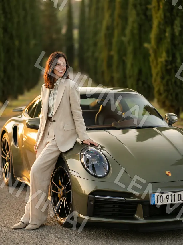Девушка в бежевом костюме опирается на оливковый Porsche на аллее кипарисов