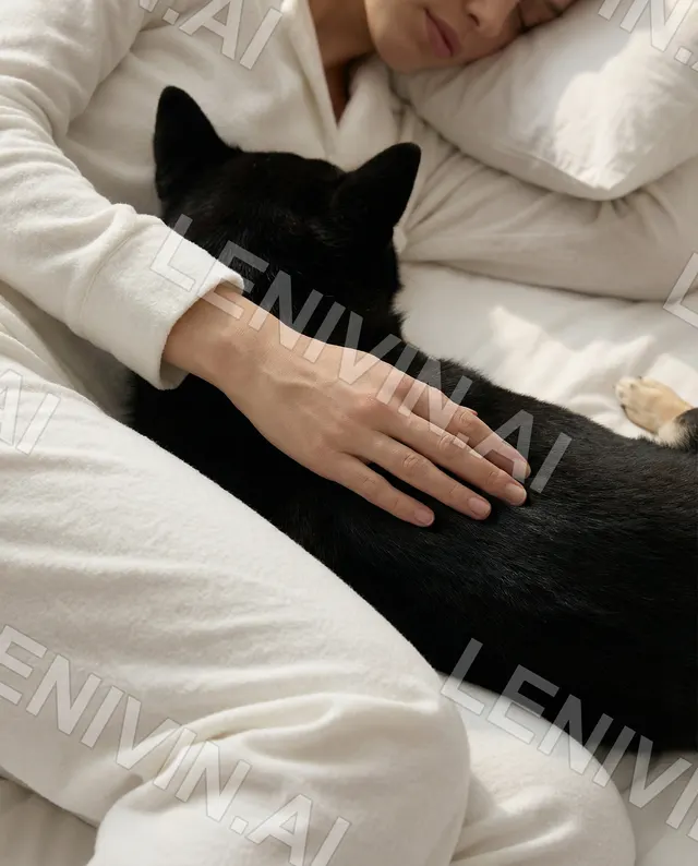 Женщина в белом лежит на кровати, рука на спине чёрного кота, белые подушки