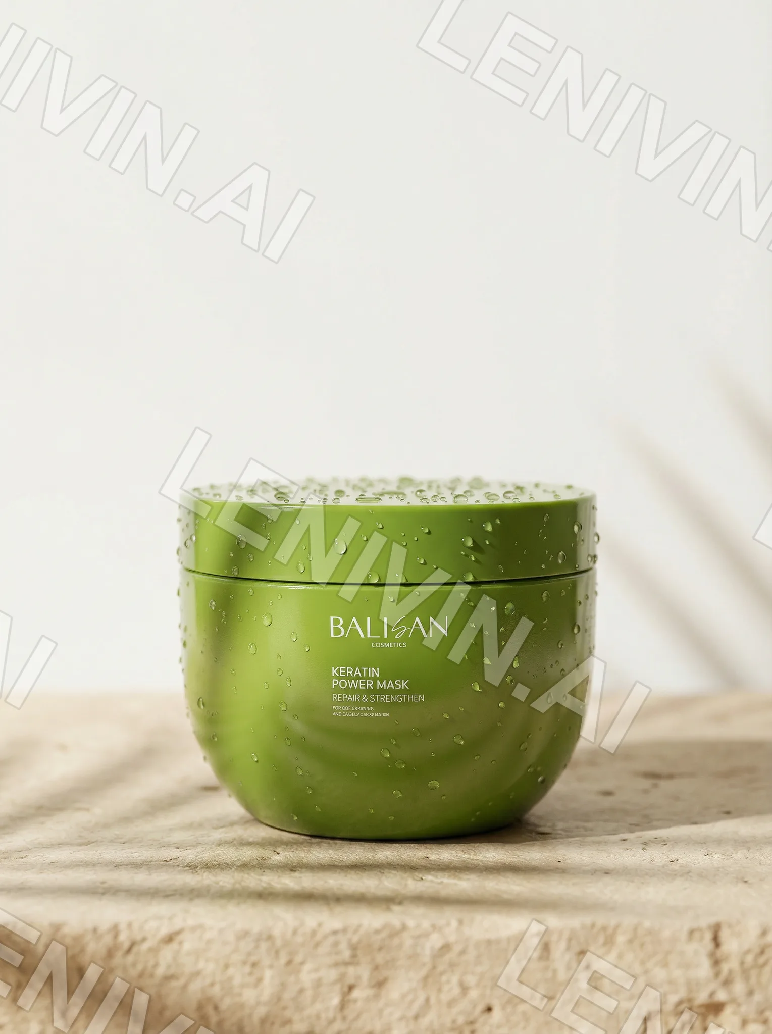 Зелёная баночка Keratin Power Mask в каплях воды на каменной плите, светлый фон