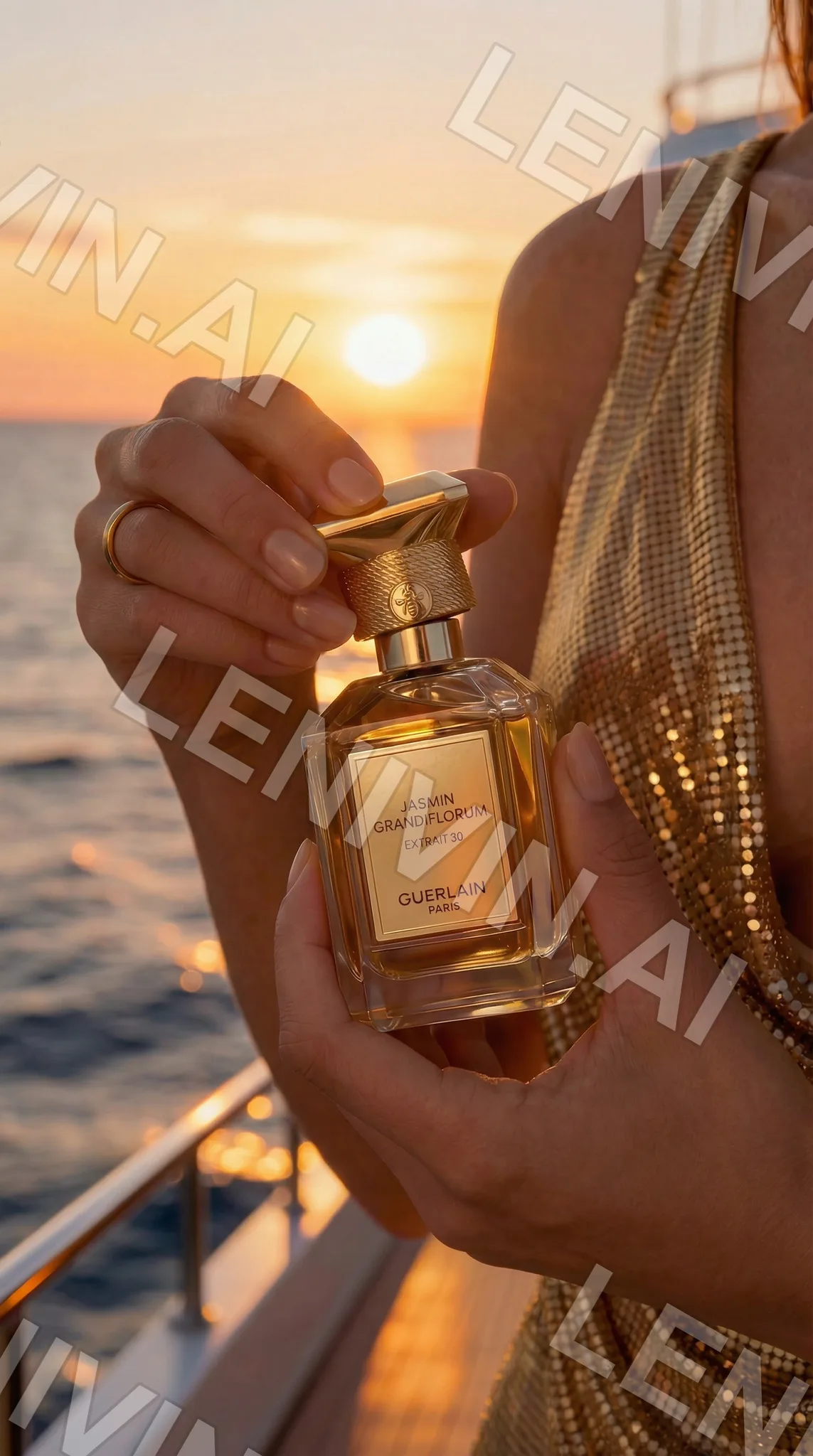 Флакон Guerlain в руках на палубе яхты, золотое платье с блёстками, солнце у горизонта, кадр чуть шире