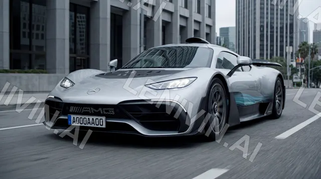 Серебристый Mercedes-AMG едет по городской улице, небоскрёбы на фоне