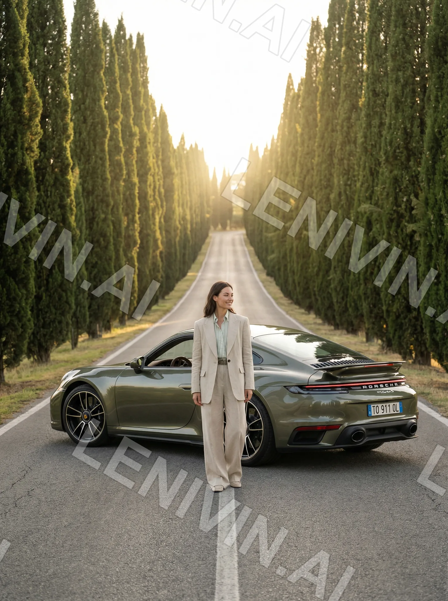 Девушка в светлом костюме стоит у оливкового Porsche на дороге между рядов кипарисов на закате