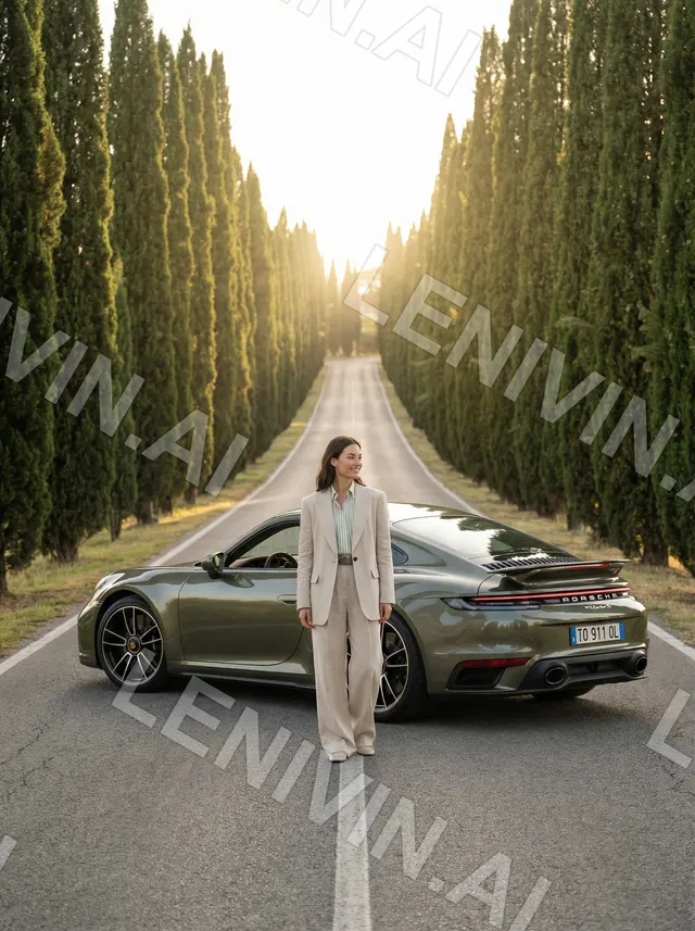 Девушка в светлом костюме стоит у оливкового Porsche на дороге между рядов кипарисов на закате