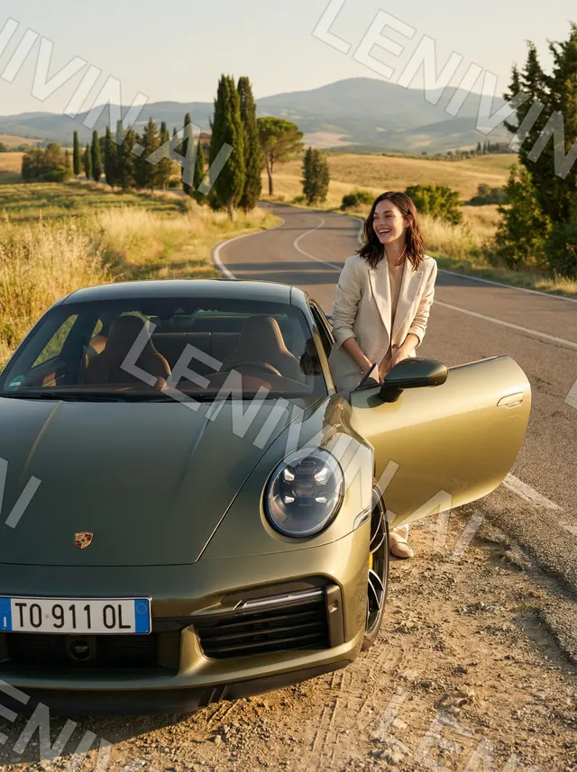 Женщина у открытой двери оливкового Porsche на сельской дороге, виден номер TO 911 OL