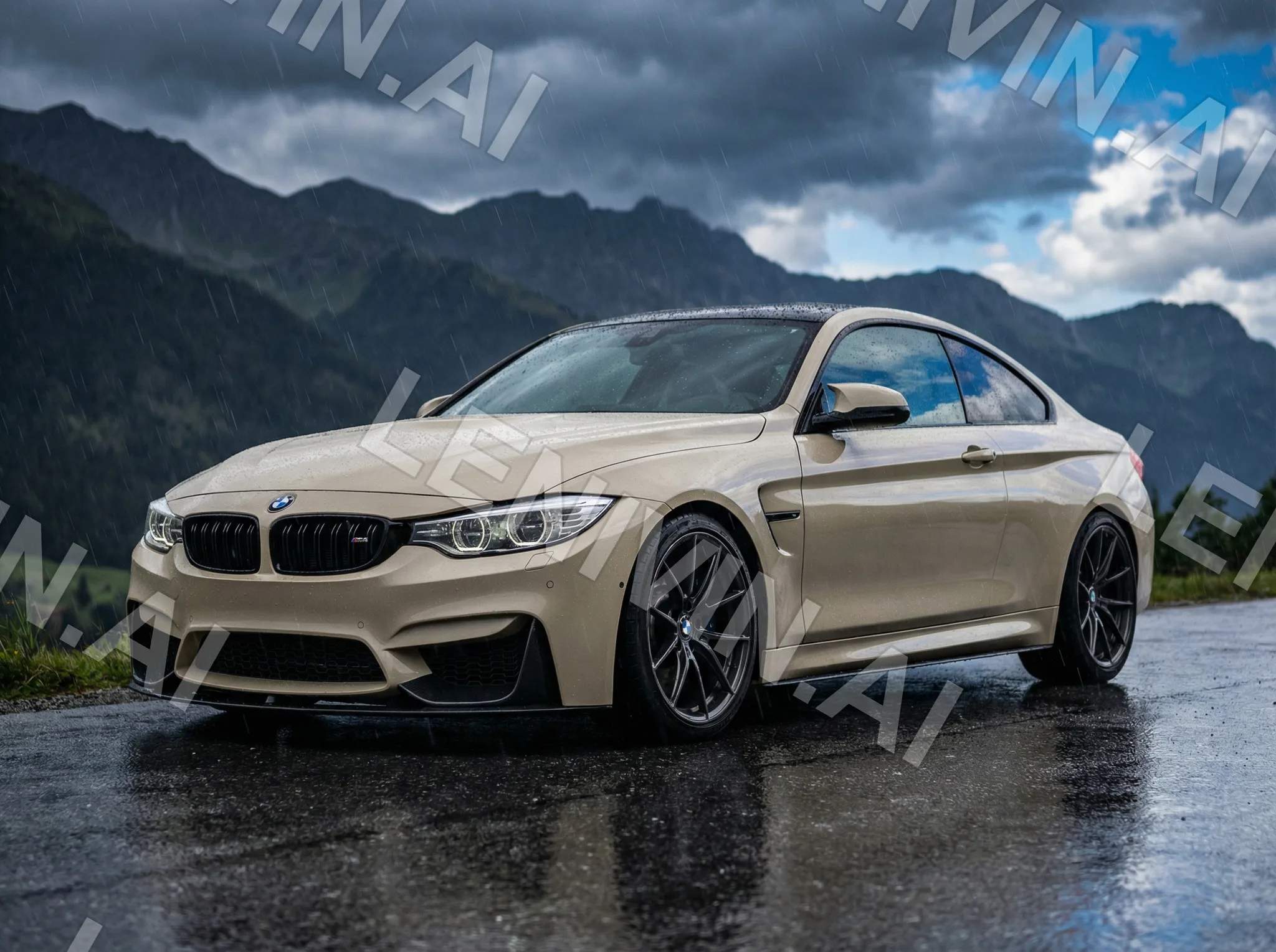 Бежевый BMW-купе на мокрой дороге среди гор и туч, вид спереди