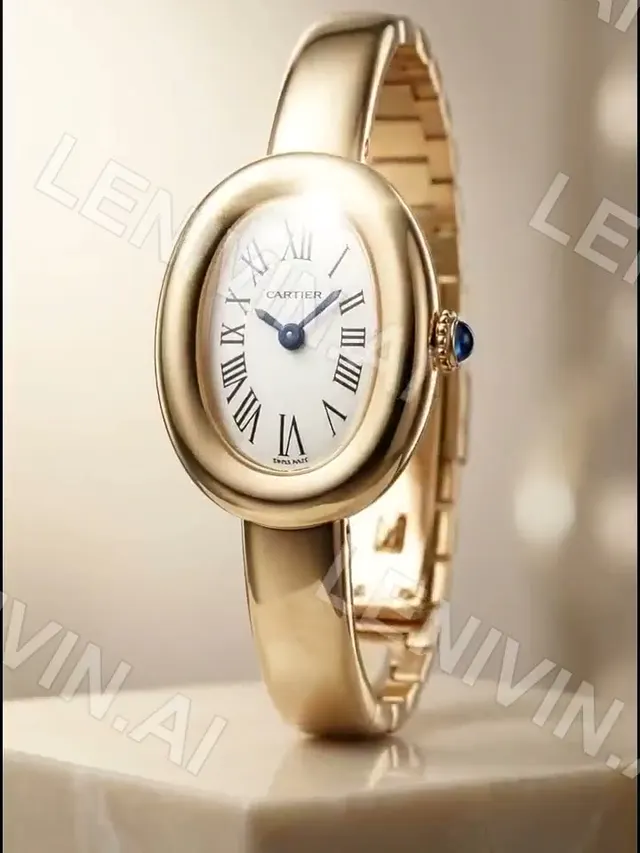 Ролик: золотые наручные часы овальной формы Cartier на бежевой подставке