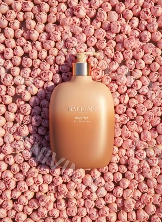 Ролик: флакон Balisan Body Milk на фоне плотно уложенных розовых бутонов, ракурс сверху