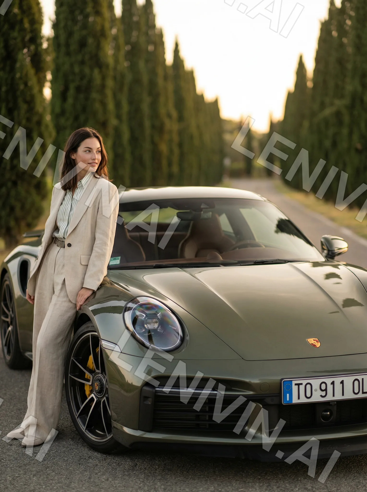 Девушка в льняном костюме стоит у зелёного Porsche на дороге среди кипарисов