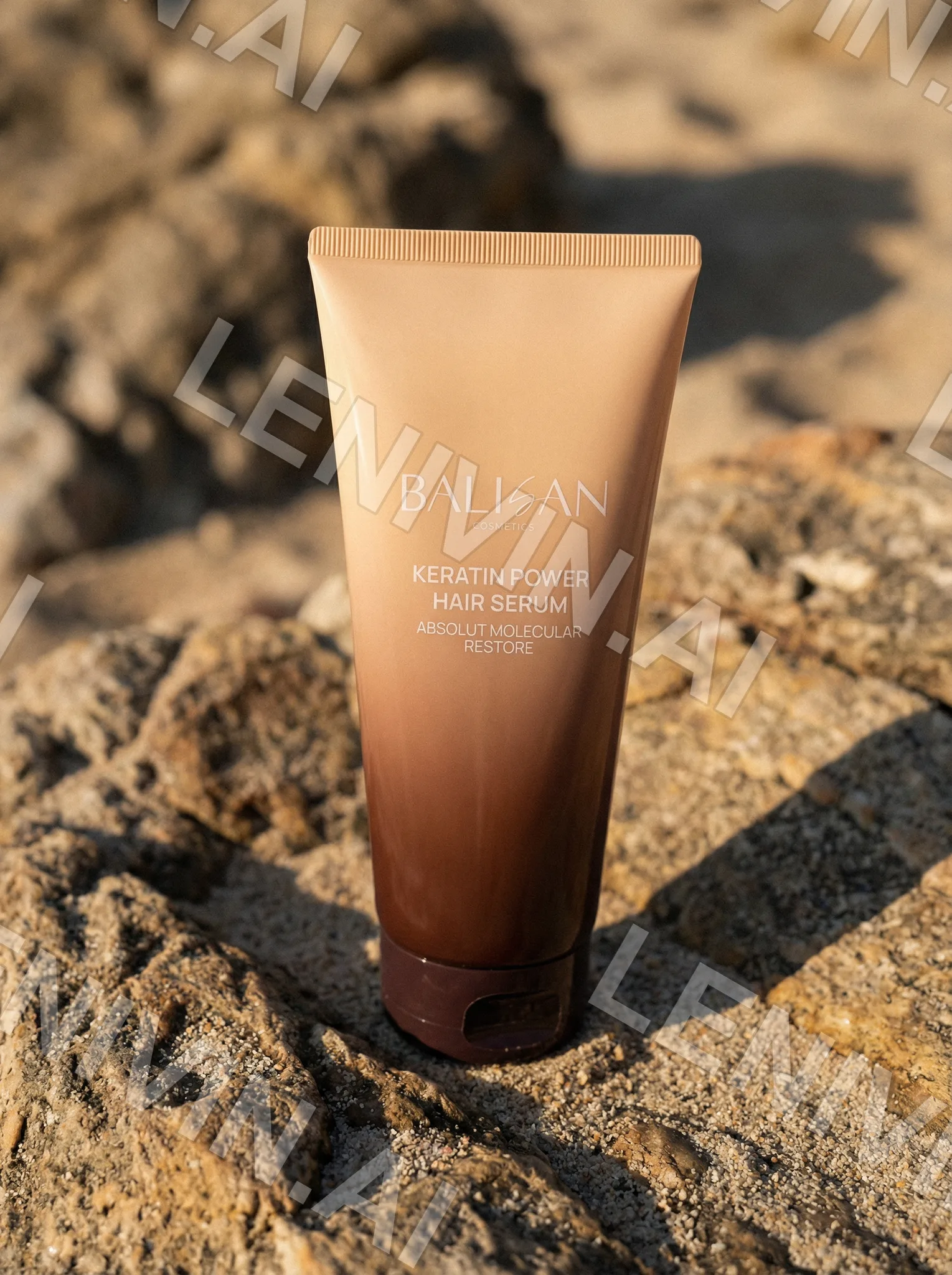Тюбик Balisan Keratin Power Hair Serum на скале в жёстком тёплом свете