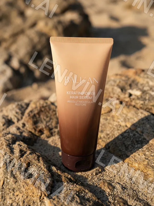 Тюбик Balisan Keratin Power Hair Serum на скале в жёстком тёплом свете