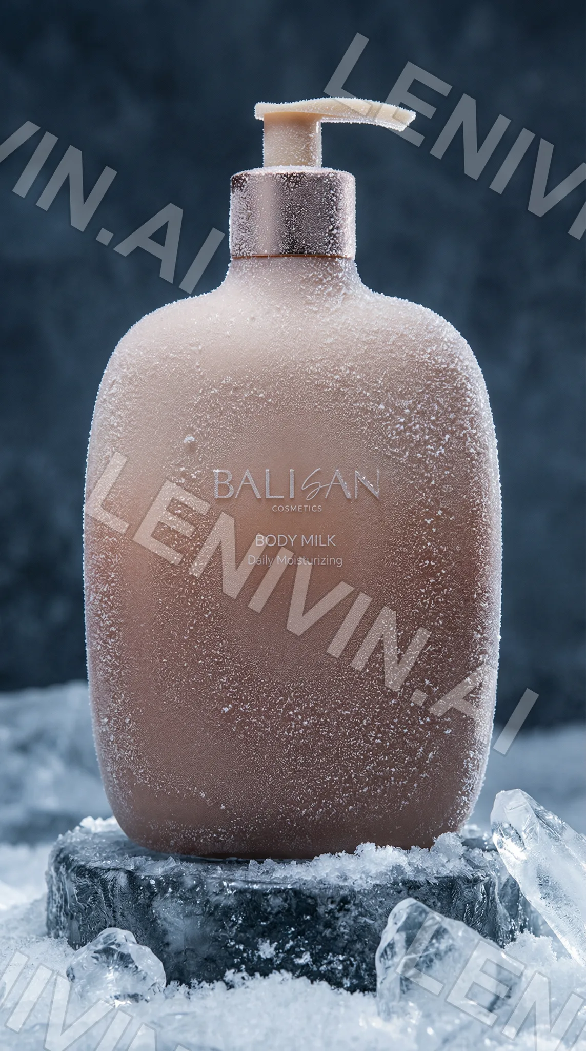 Флакон Balisan Body Milk в инее на ледяном постаменте, синий фон со снегом