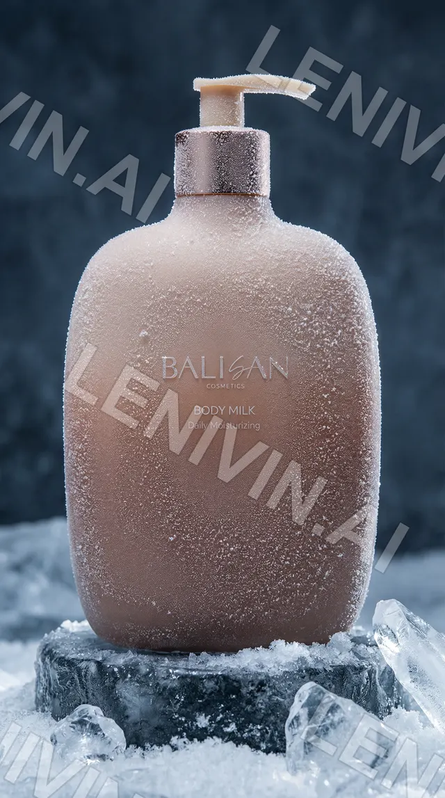Флакон Balisan Body Milk в инее на ледяном постаменте, синий фон со снегом