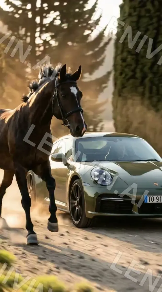 Ролик: гнедая лошадь скачет рядом с оливковым Porsche по лесной дороге