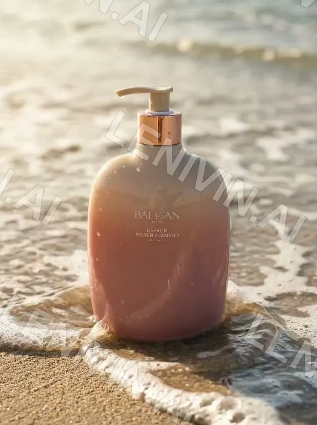 Ролик: флакон BALISAN Keratin Power Shampoo стоит на мокром песке у кромки прибоя