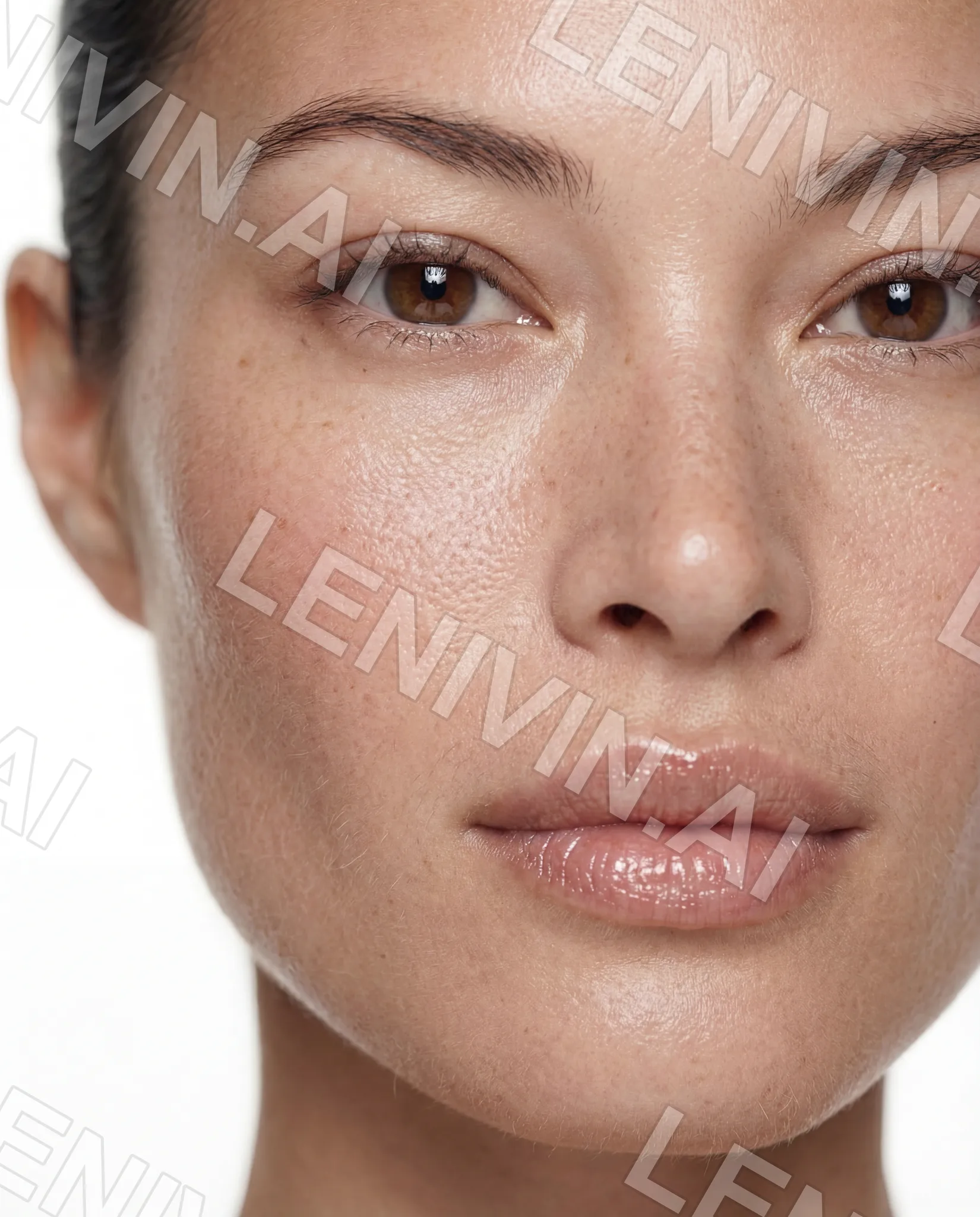 Крупный портрет женщины с карими глазами и блестящими губами, белый фон