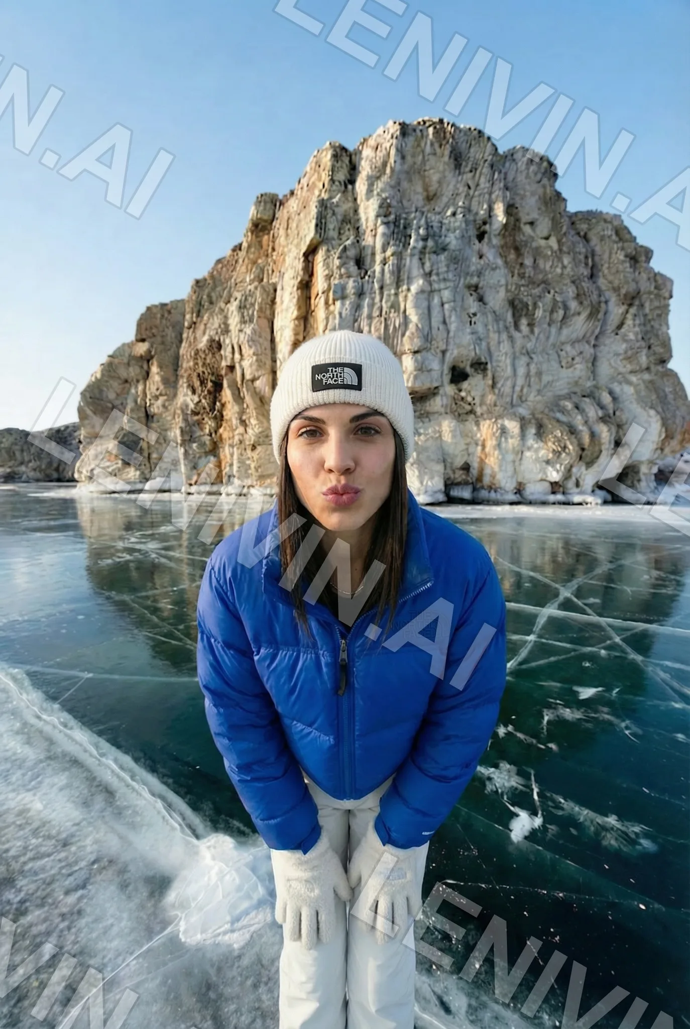 Девушка в синей пуховой куртке и белой шапке на льду у скалы, вытянула губы, снимок сверху