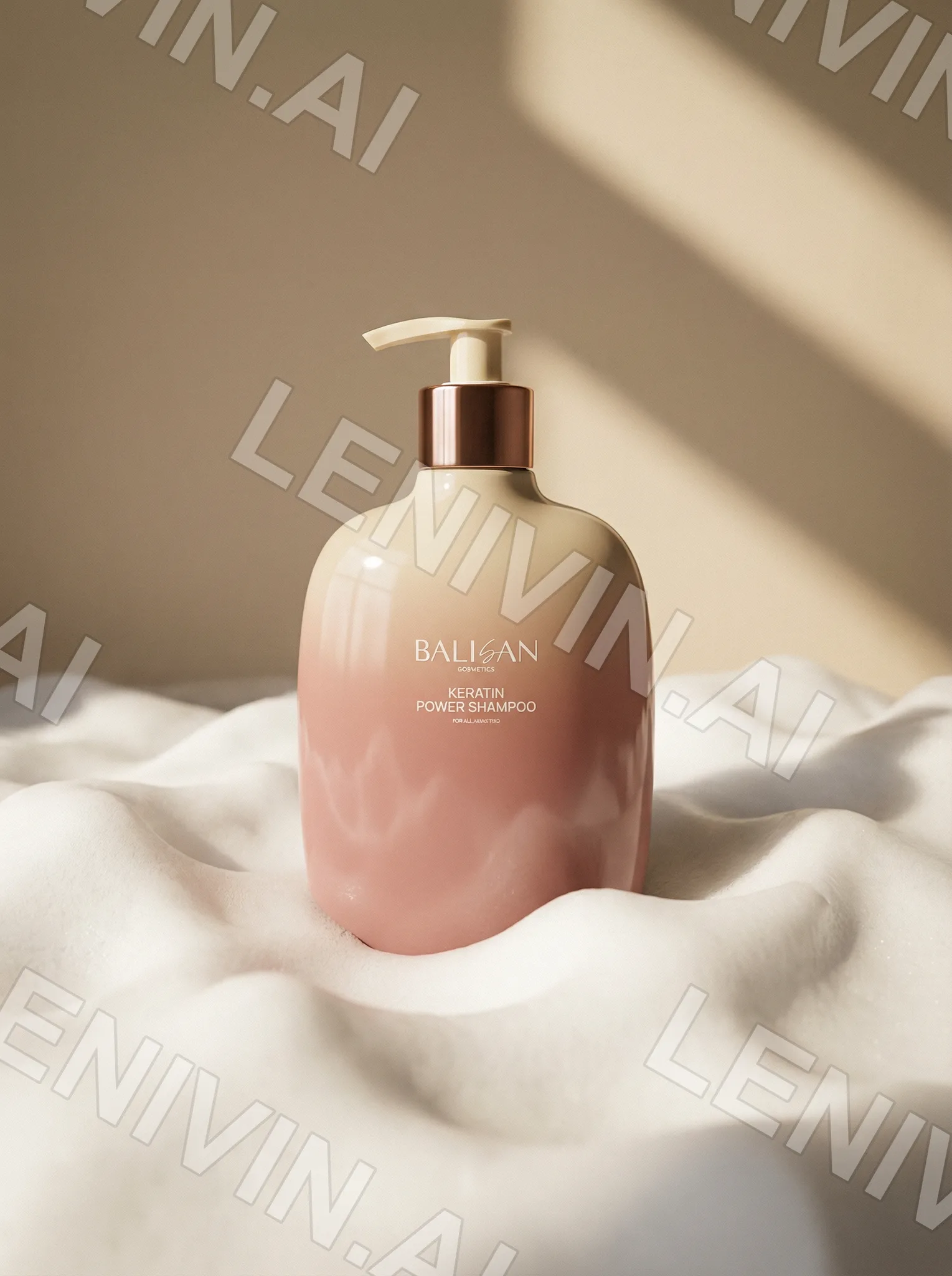 Розовый флакон шампуня Balisan стоит на белой пене, косые солнечные тени на бежевом фоне