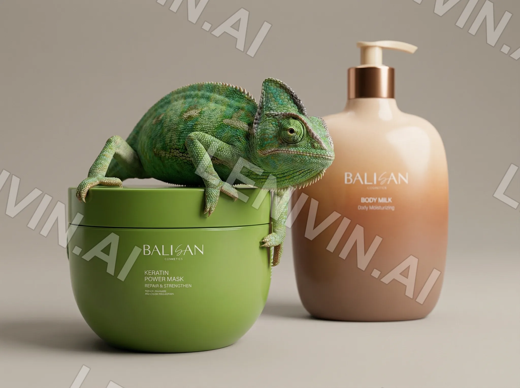 Зелёная банка BALISAN Power Mask с хамелеоном сверху рядом с бутылкой Body Milk