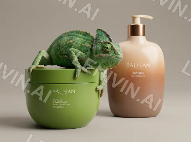 Зелёная банка BALISAN Power Mask с хамелеоном сверху рядом с бутылкой Body Milk